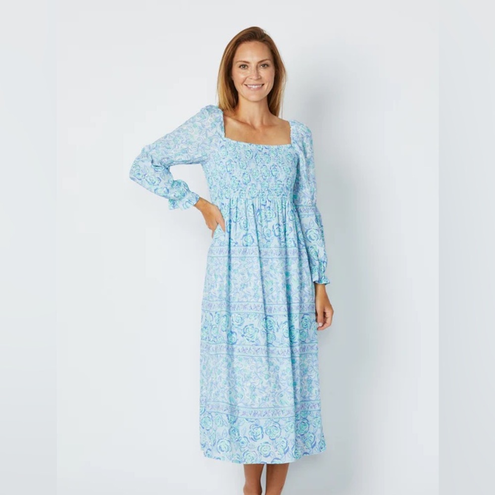 Sail To Sable Blue Multi Square Neck Midi Dress - Smocked